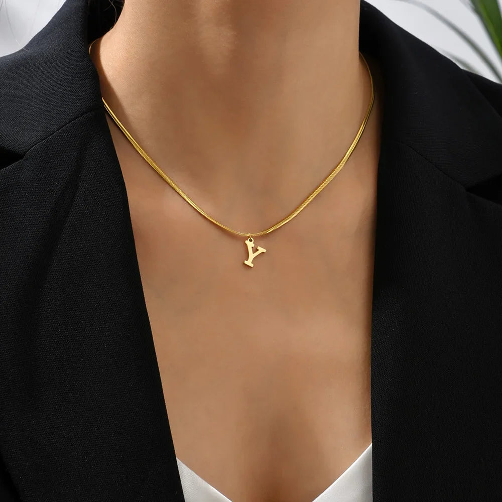 Gold Letter Initial Pendant Necklace | Stainless Steel Snake Chain Jewelry for Women