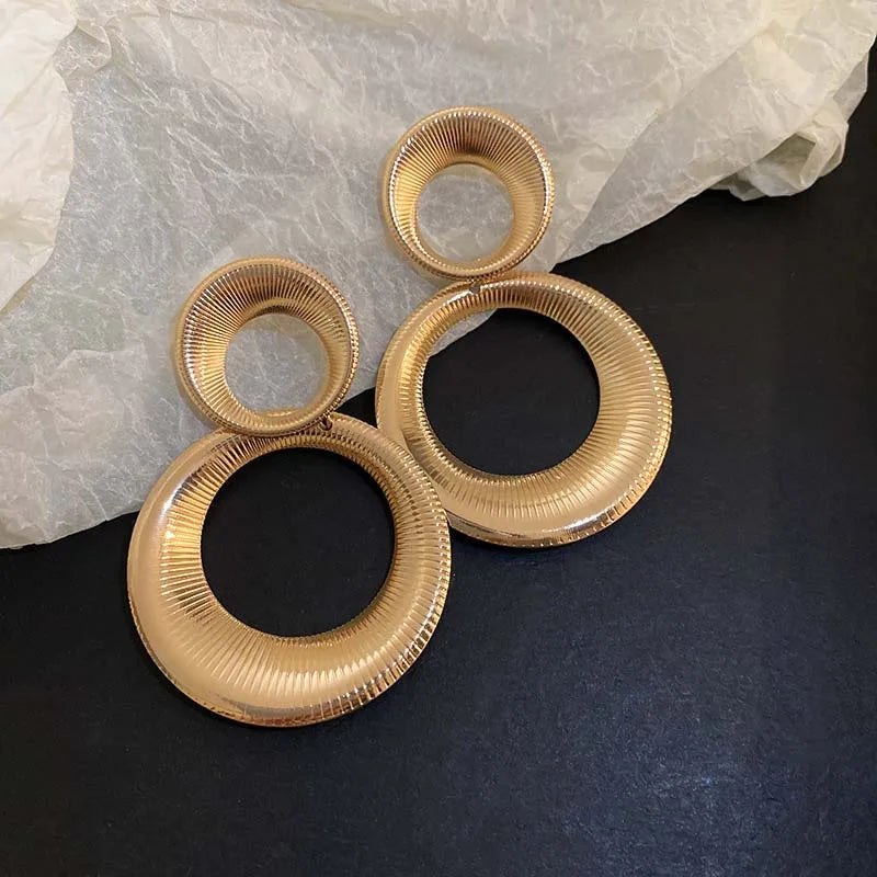 Vintage Metal Big Round Dangle Earrings | Gold Geometric Statement Jewelry
