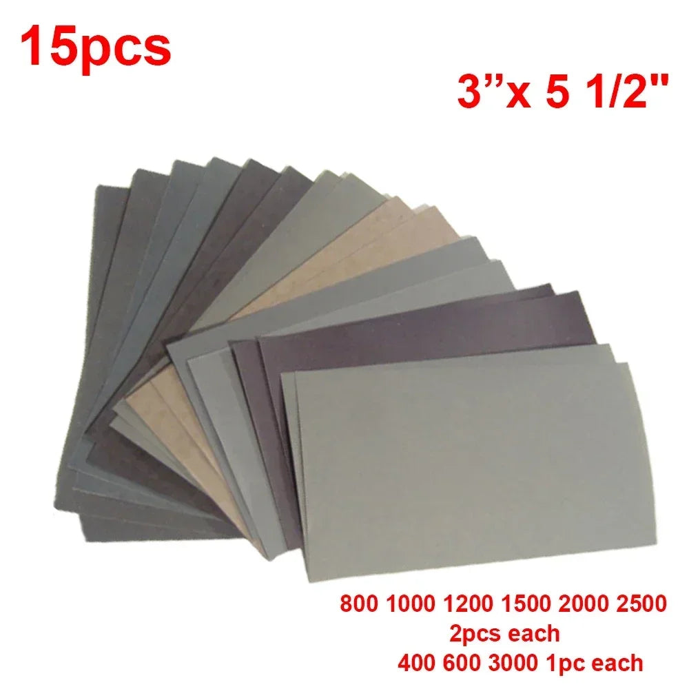 15Pcs Multi-Grit Sandpaper Set | Wet/Dry Sanding Sheets for Wood, Metal, and Automotive Finishing
