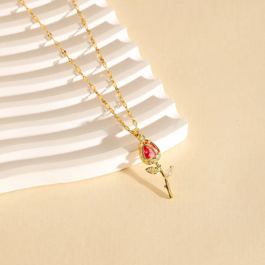 Elegant Pink Rose Flower Pendant Necklace | Light Luxury Zircon Jewelry Gift