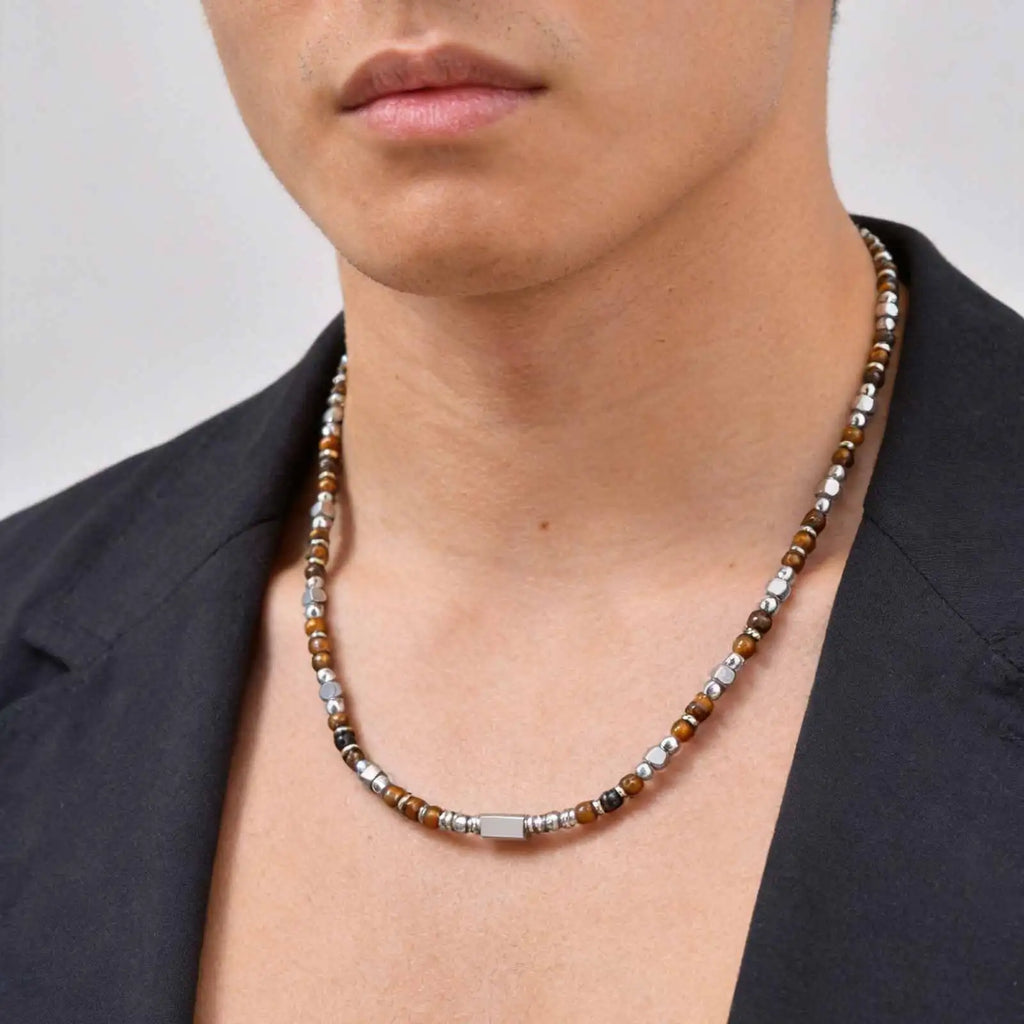 Vnox Stainless Steel Natural Stone Beaded Necklace | Trendy Adjustable Choker for Men Women
