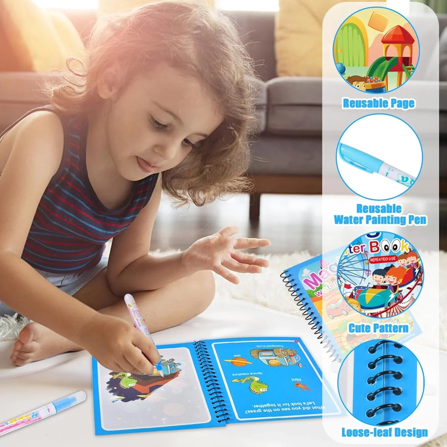Cartoon Watercolor Painting Magic Book | Mess-Free Reusable Water Drawing Pad for Kids