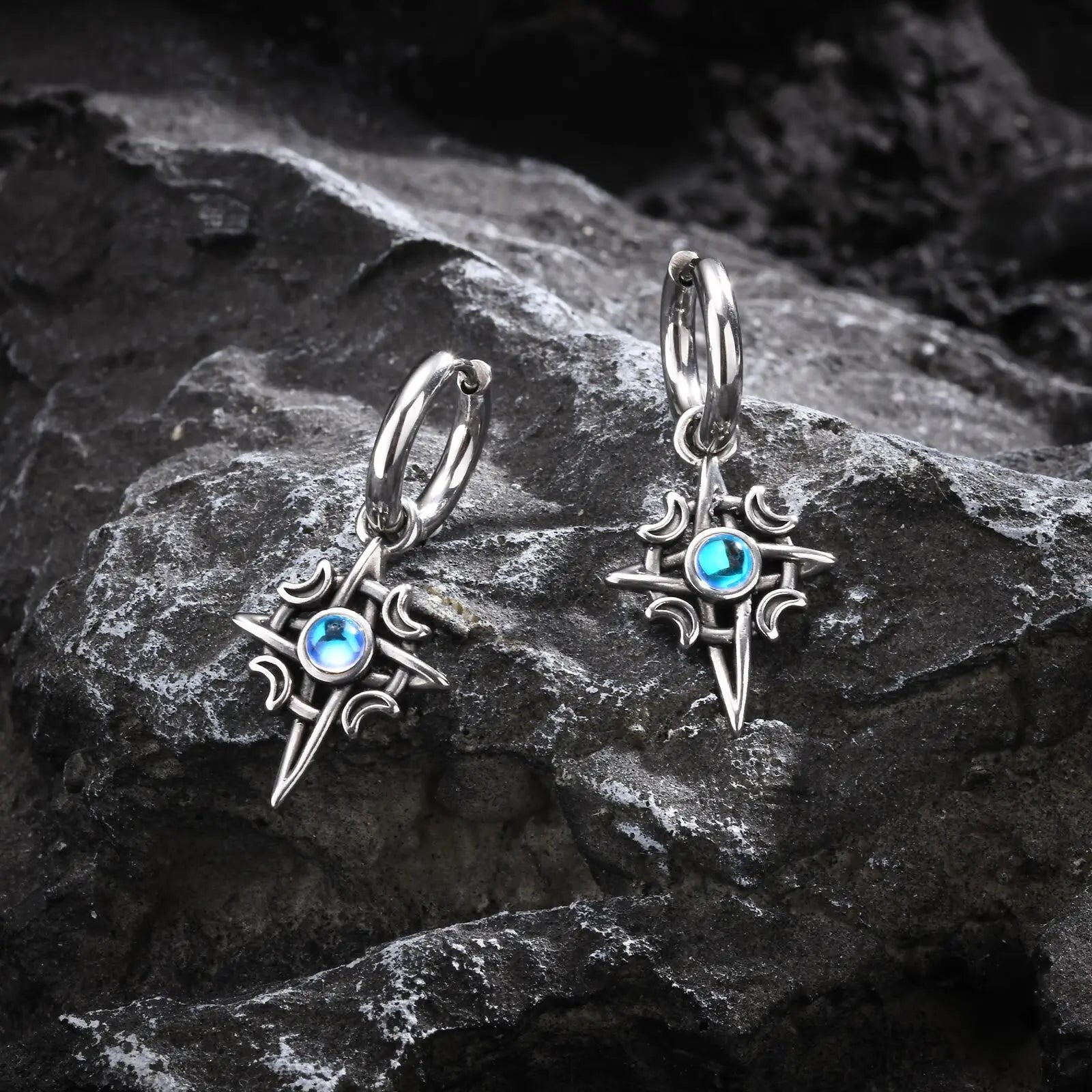 Stainless Steel Star and Moon Stone Earrings | Unisex Hoop Earrings Gift