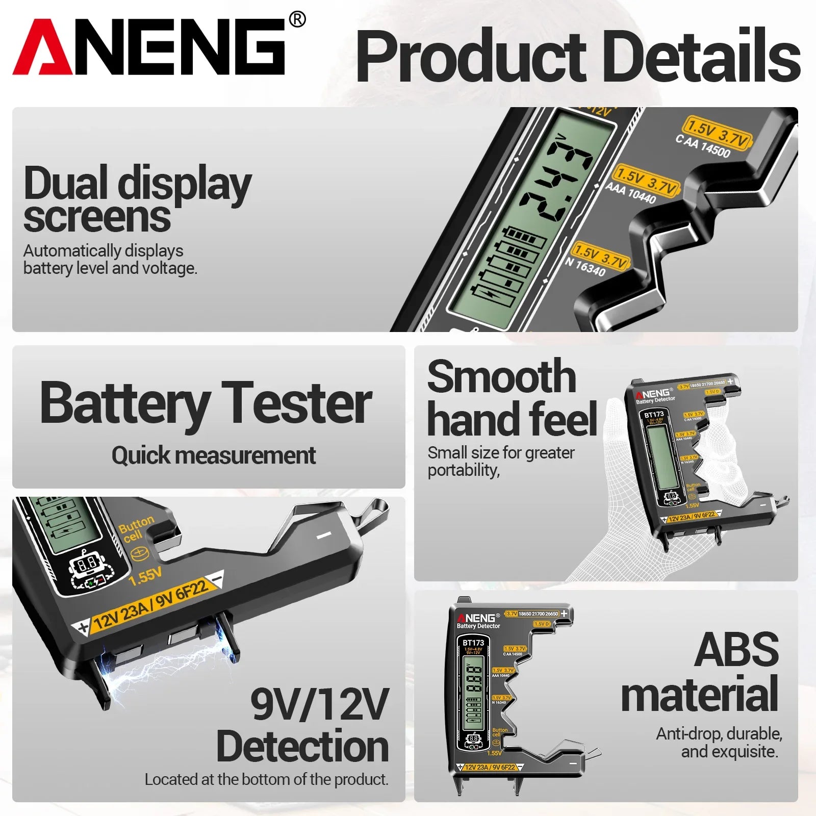 ANENG BT173 Universal Digital Battery Tester | 18650/AA/AAA/9V/12V Button Battery Level Display Tool