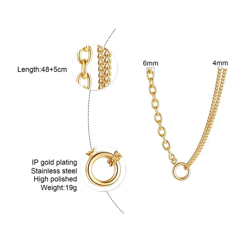 Oval Cable Link With Double Cuban Chain Necklace | Stainless Steel Fashion Open Circle Pendant