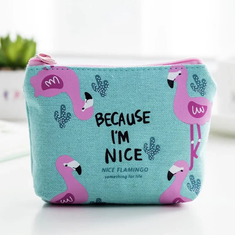 Korean Square Flamingo Coin Money Pouch | Small Canvas Zipper Wallet for Students