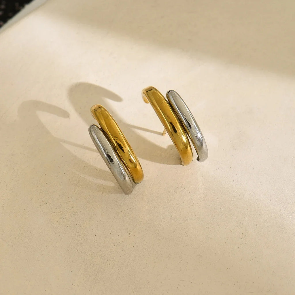 Gold Silver Irregular C-Shape Stud Earrings | Stainless Steel Bicolor Geometric Jewelry