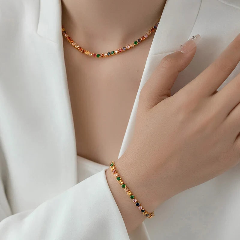 Dopamine Colored Zircon Collarbone Chain | Gold Colour Women's Trend Necklace
