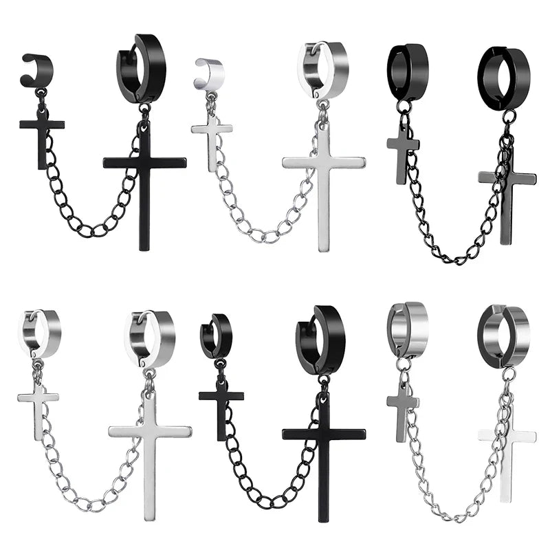 Punk Cross Tassel Earrings | Gothic Hip Hop Chain Stud Earrings