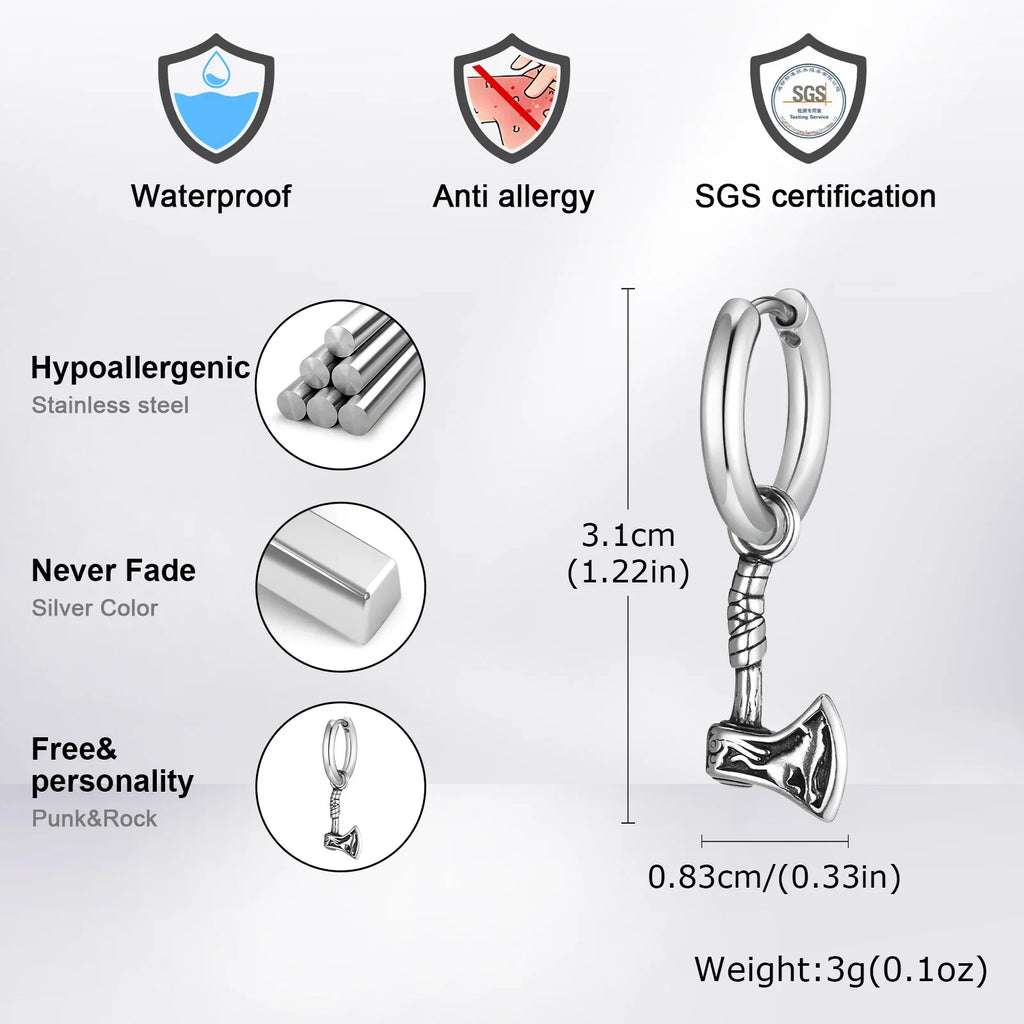 VNOX Viking Axe Hoop Earrings | Stainless Steel Men's Drop Dangle Earrings