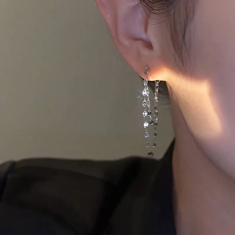 Silver Tassel Drop Earrings | Double Chain Rear-Hanging Earrings for Women