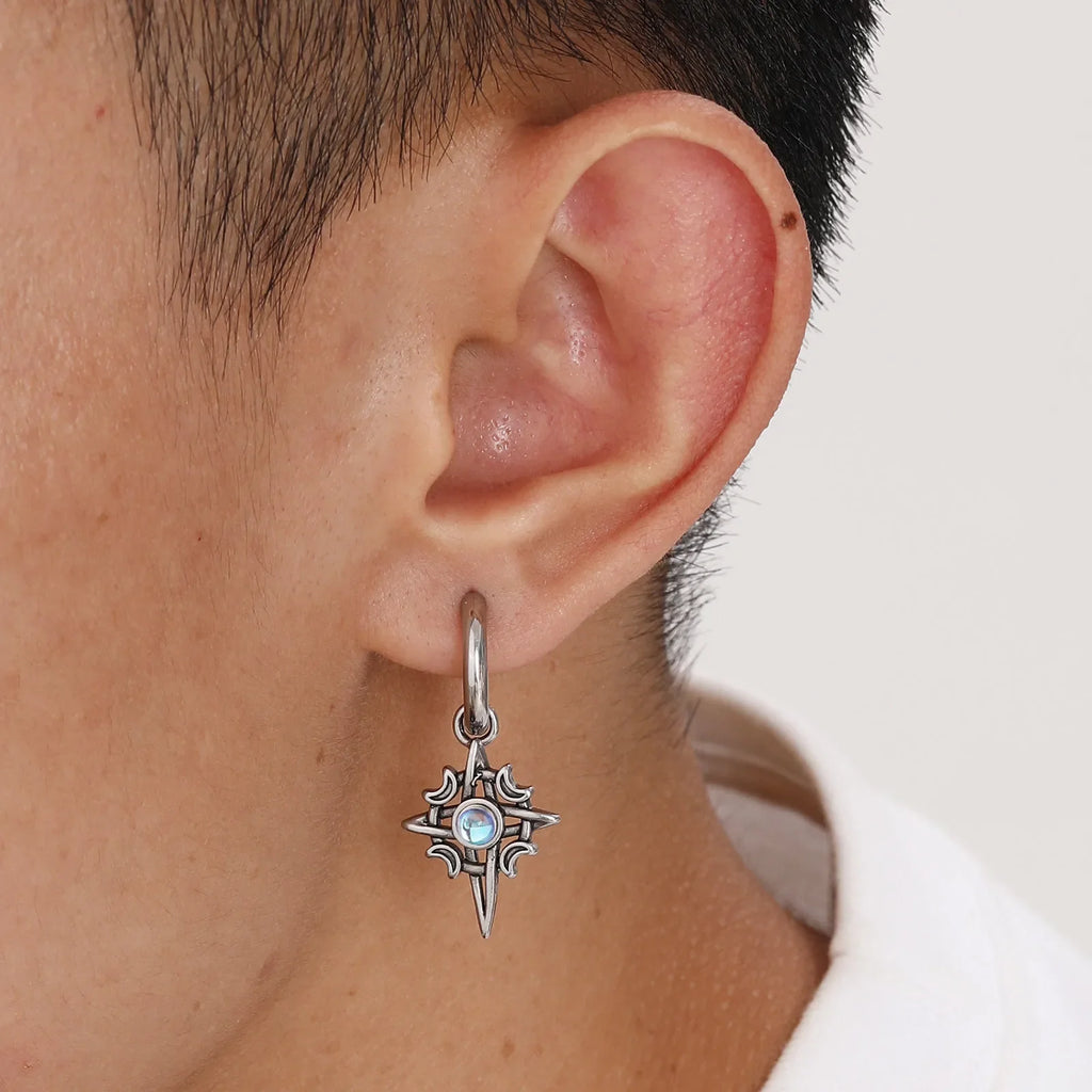 Moonstone Stainless Steel Hoop Earrings for Men | Waterproof Hip Hop Jewelry Gift