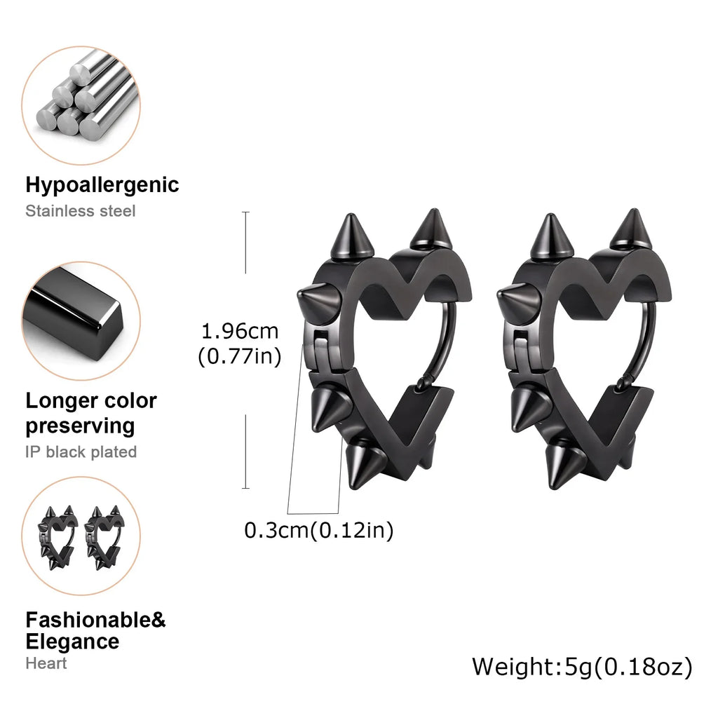 Exaggerated Spike Rivet Heart Stud Earrings | Stainless Steel Goth Punk Jewelry