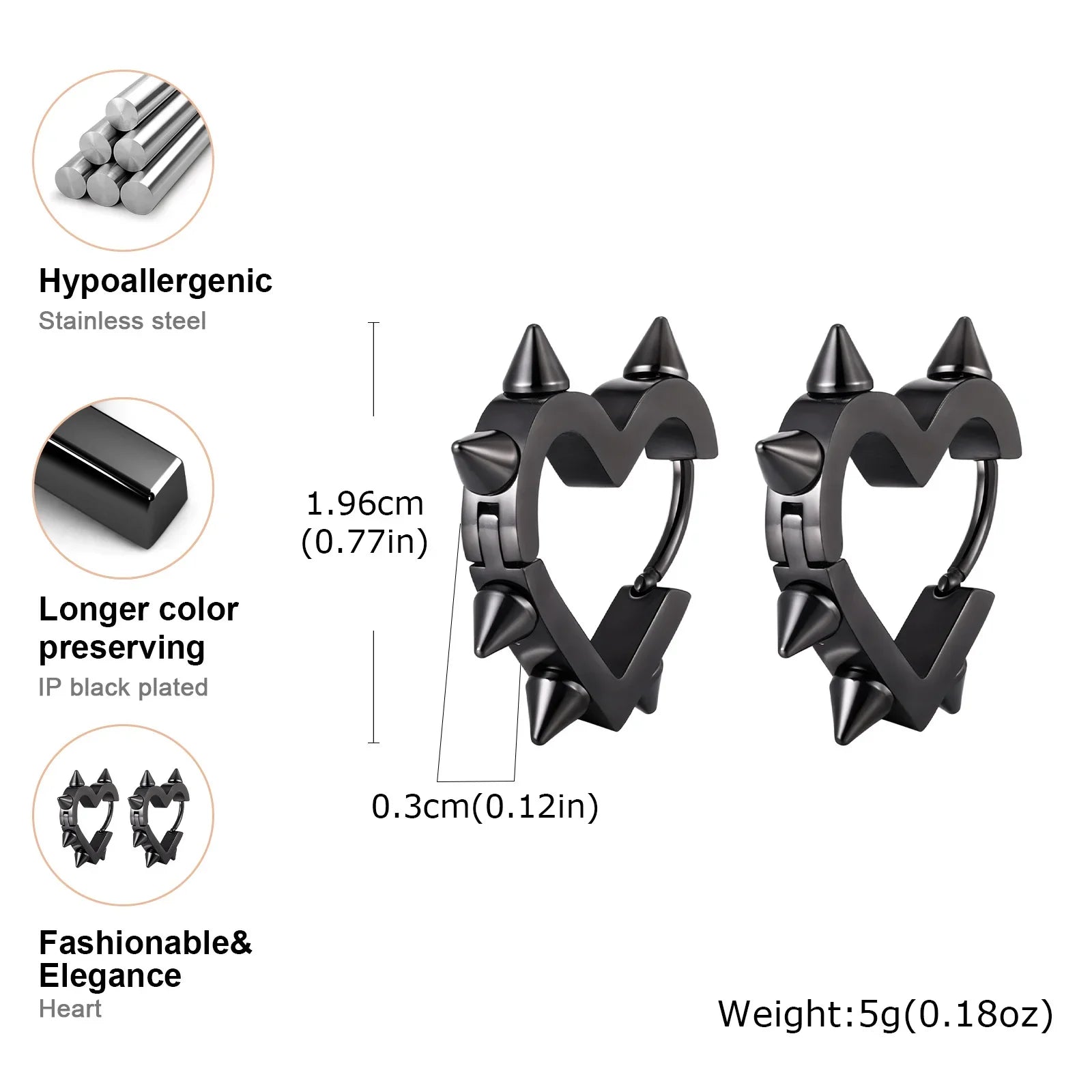Exaggerated Spike Rivet Heart Stud Earrings | Stainless Steel Goth Punk Jewelry
