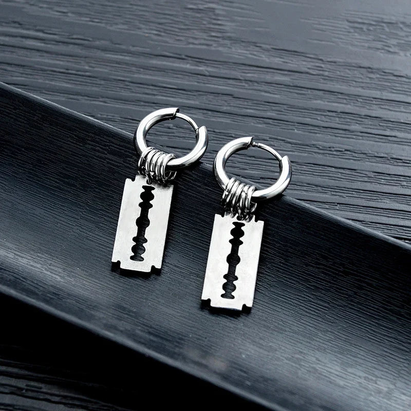 Vintage Razor Hollow Drop Earrings | Stainless Steel Punk Dangle Earrings for Men and Women