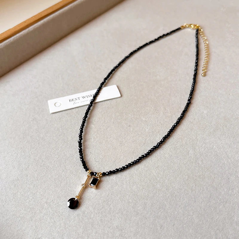 Black Crystal Bead Tassel Necklace | Trendy Collarbone Chain