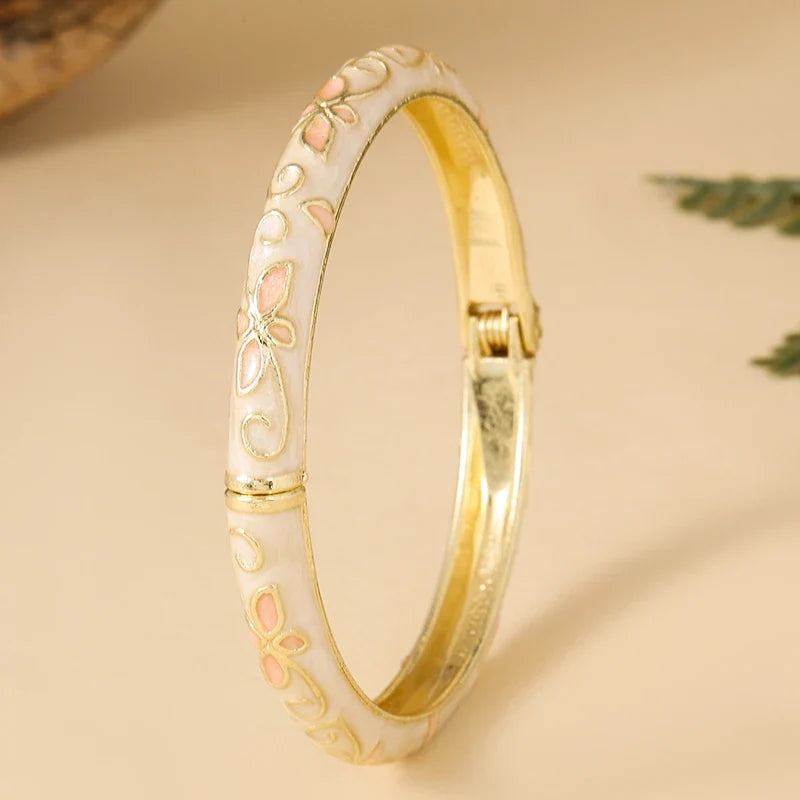 FTCY Four-Leaf Clover Enamel Bangle | Gold Plated Bohemian Bracelet for Women