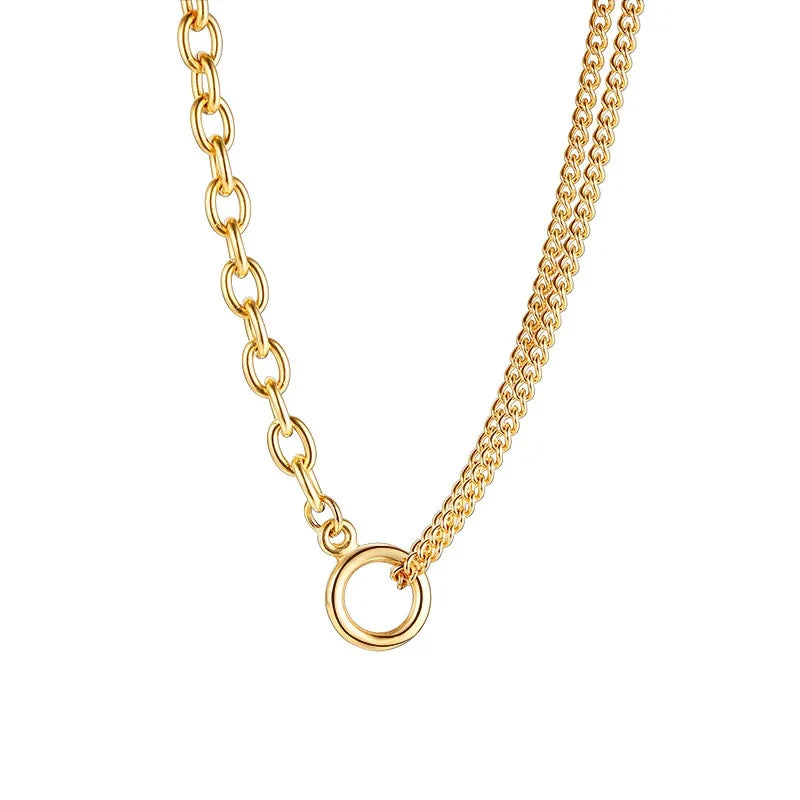 Oval Cable Link With Double Cuban Chain Necklace | Stainless Steel Fashion Open Circle Pendant
