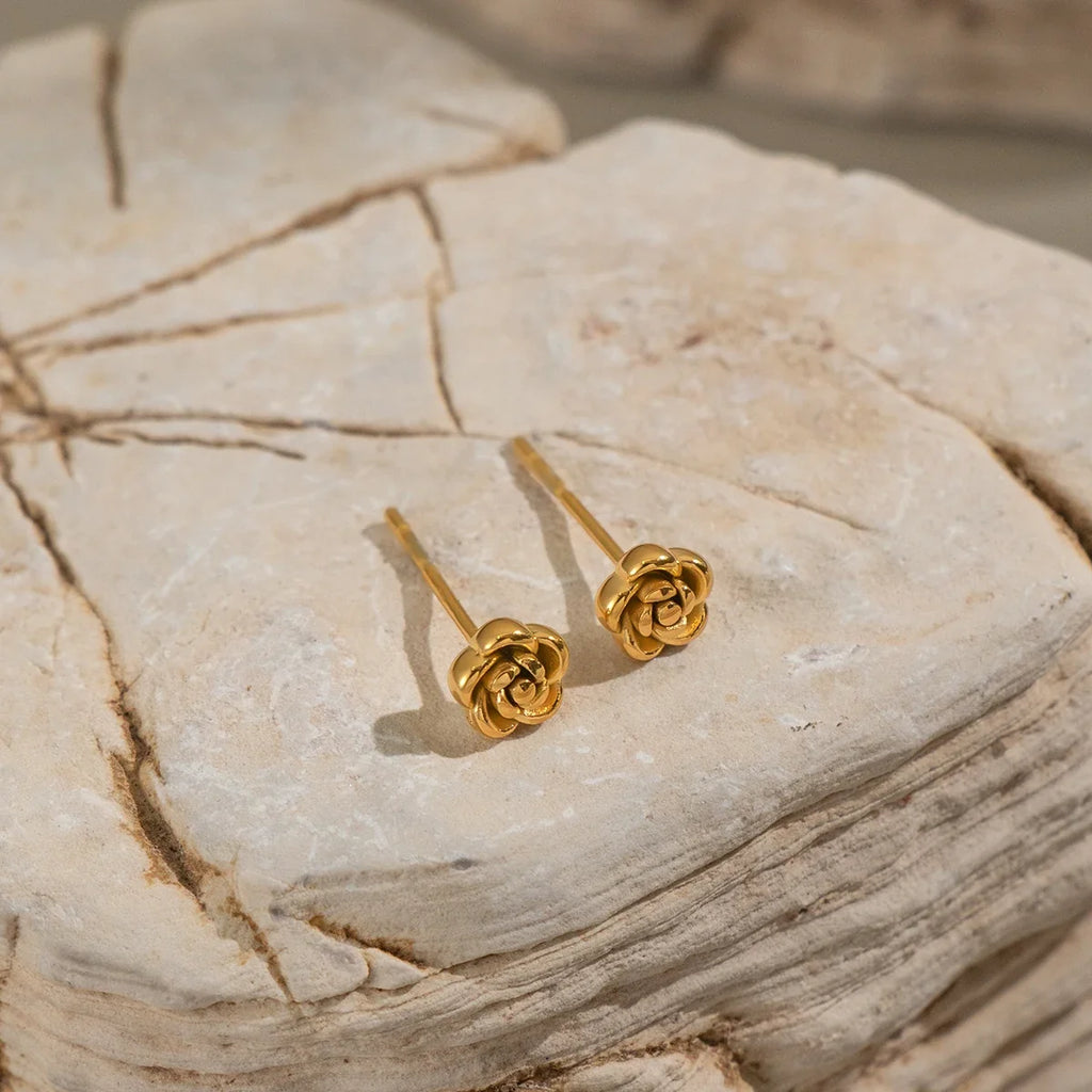Rose Flower Stud Earrings | 18K Gold Plated Stainless Steel Daily Jewelry for Women