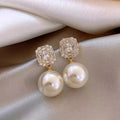 Gold Tone Pearl Drop Earrings | Shiny Crystal Pendant Jewelry