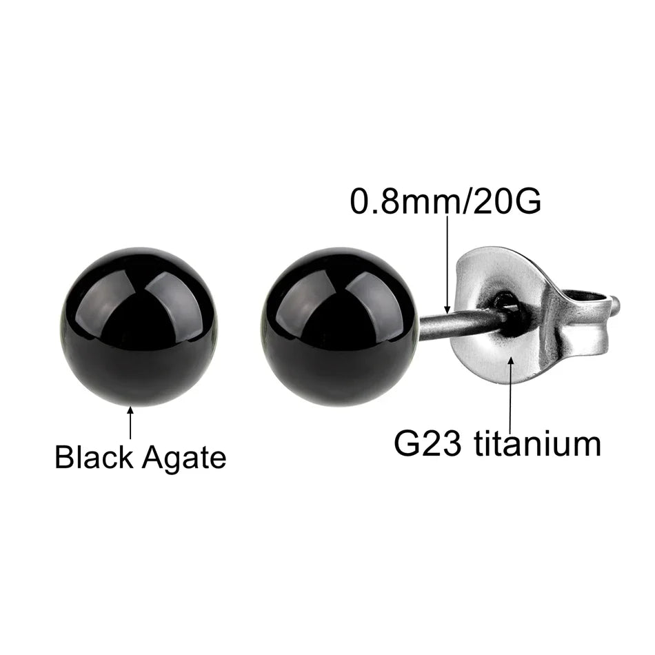Black Agate Titanium Stud Earrings | Hypoallergenic Round Onyx Ear Lobe Jewelry for Women and Men