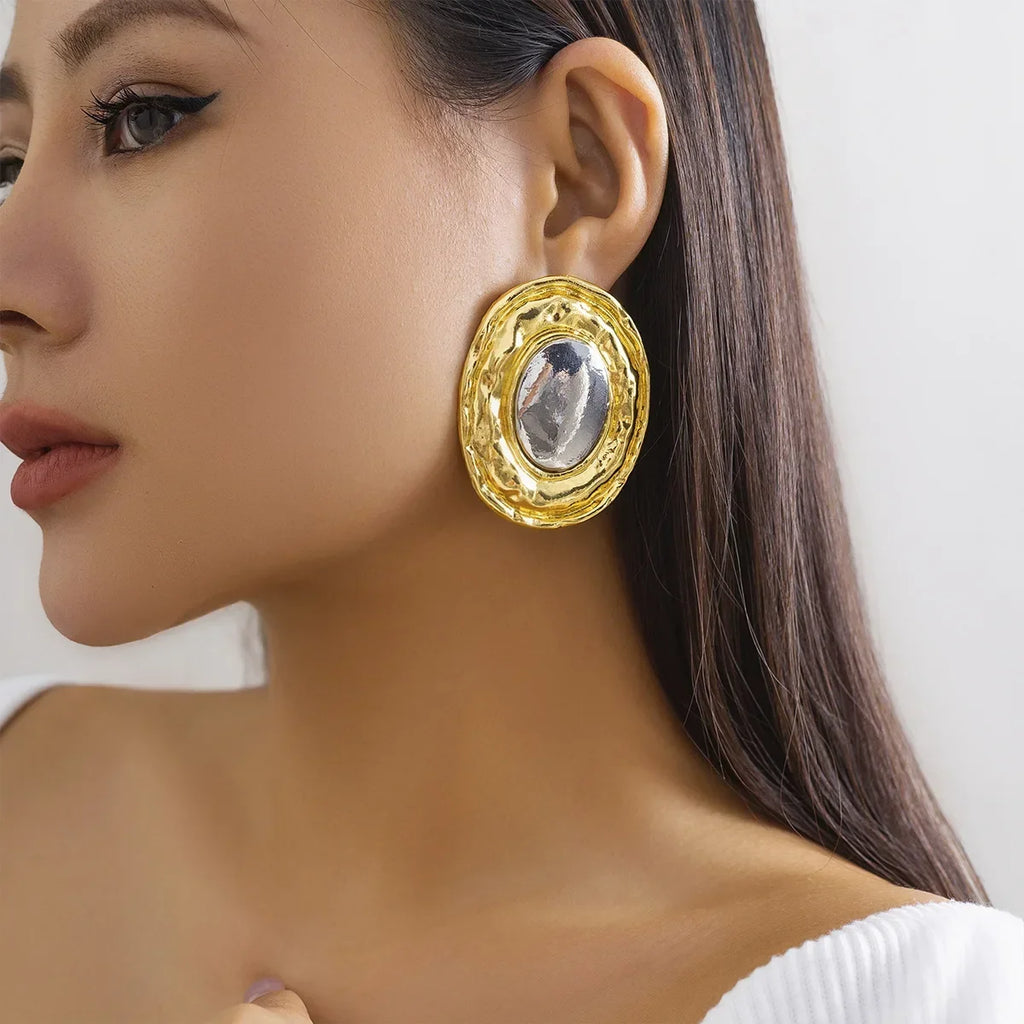 Oversize Glossy Round Circle Stud Earrings | Gold Plated Thick Hoop Jewelry