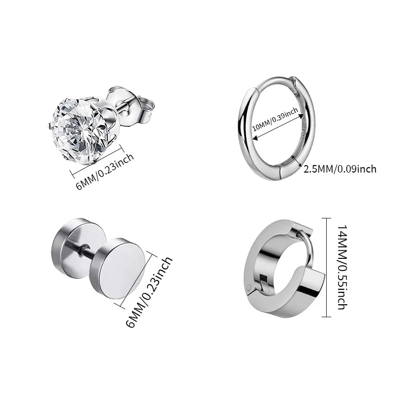 Punk Stainless Steel Stud Earrings Set | Unisex Gothic Hip Hop Ear Piercing Jewelry
