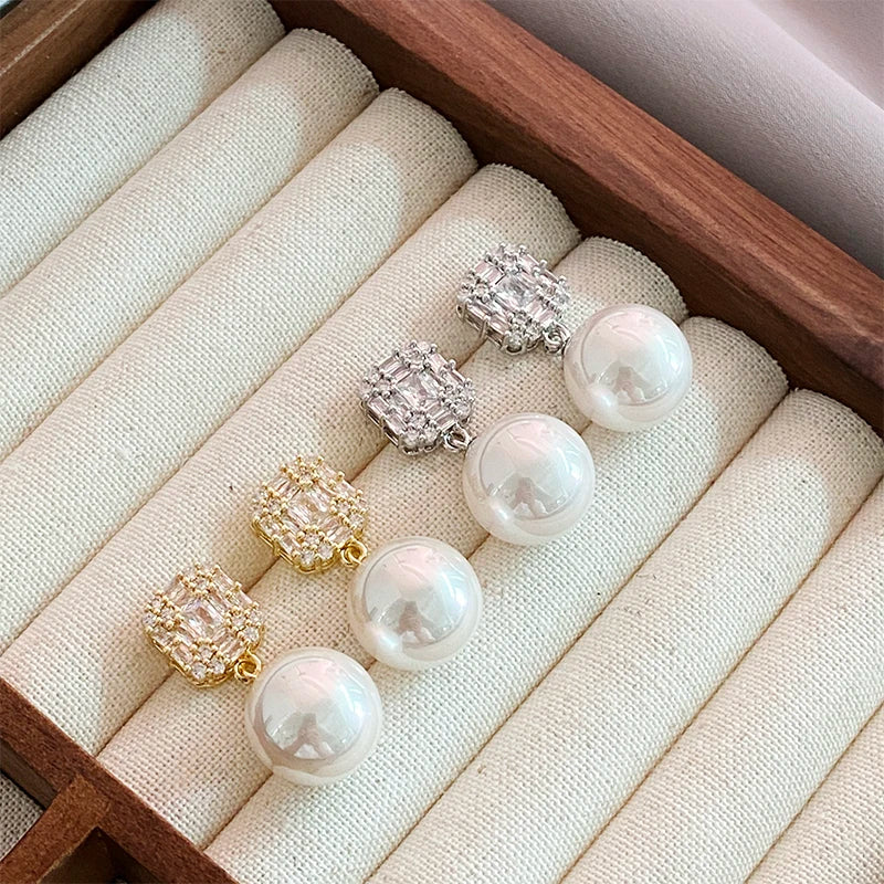 Gold Tone Pearl Drop Earrings | Shiny Crystal Pendant Jewelry