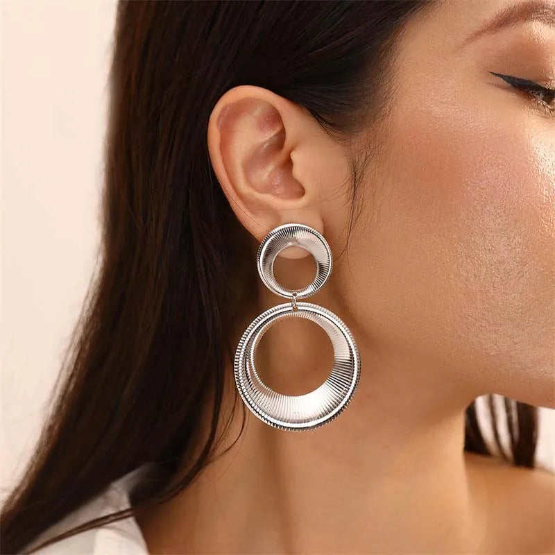 Vintage Metal Big Round Dangle Earrings | Gold Geometric Statement Jewelry