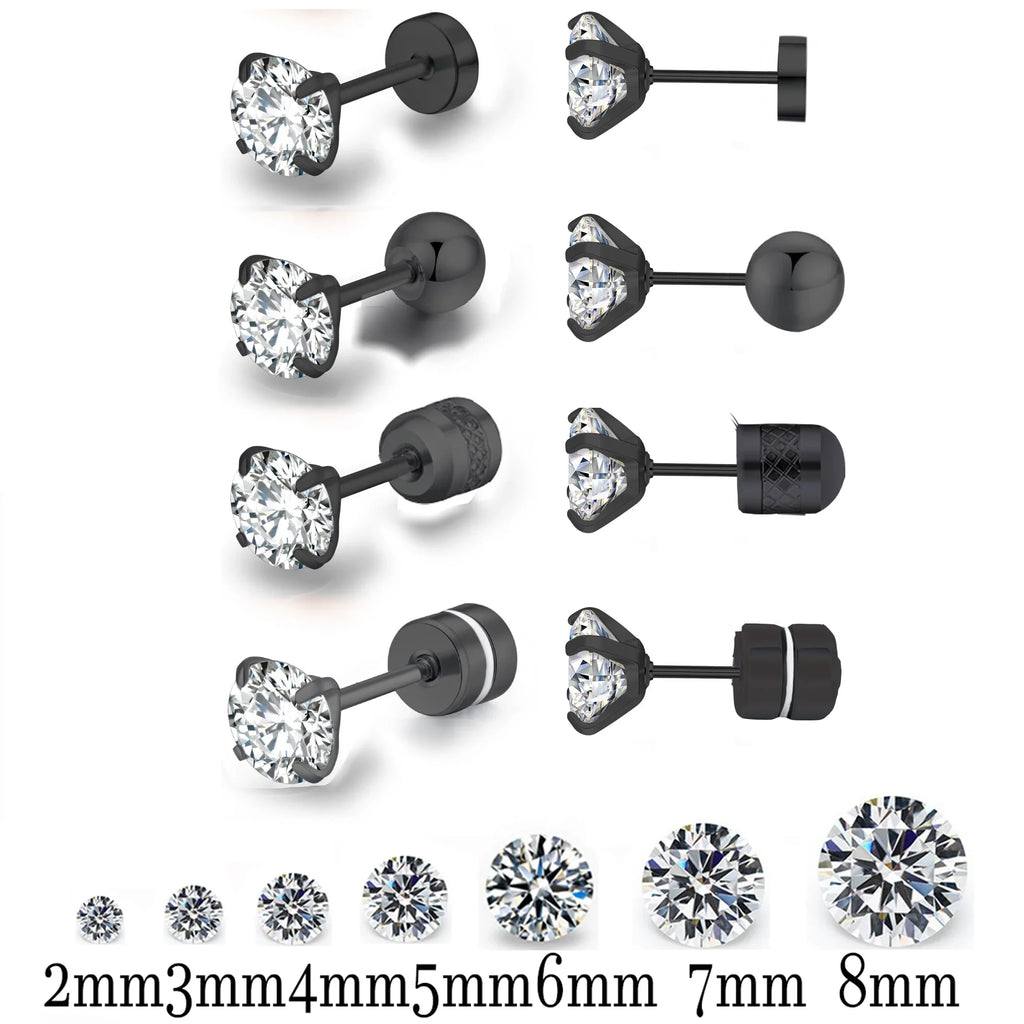 Black Round Cubic Zirconia Stud Earrings | Stainless Steel Hypoallergenic Fashion Earrings