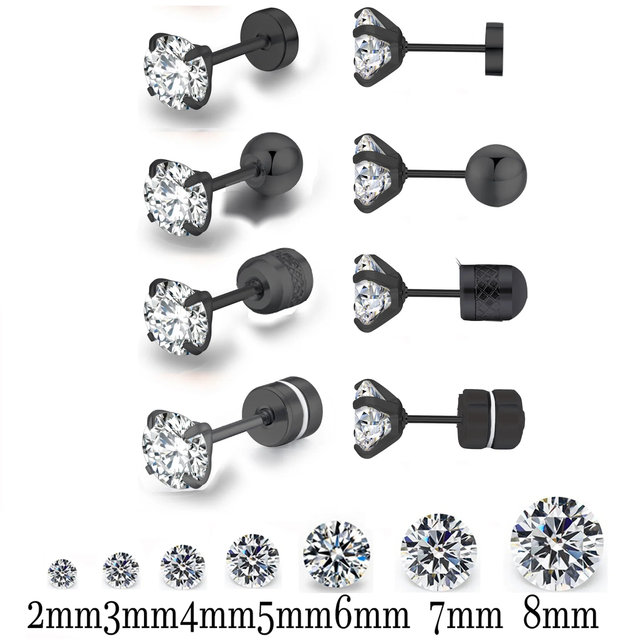 Black Round Cubic Zirconia Stud Earrings | Stainless Steel Hypoallergenic Fashion Earrings