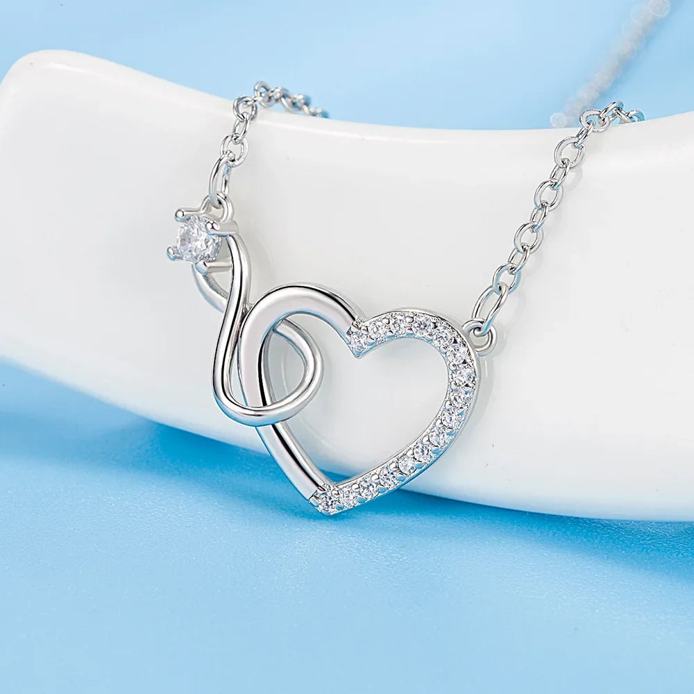 925 Sterling Silver Zircon Heart Interlocking Necklace | Luxury Fine Jewelry for Women