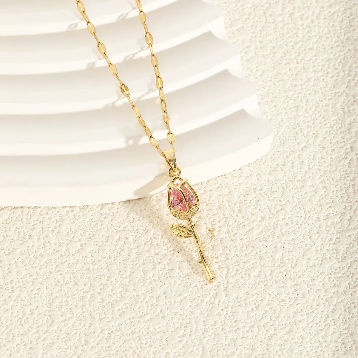 Elegant Pink Rose Flower Pendant Necklace | Light Luxury Zircon Jewelry Gift
