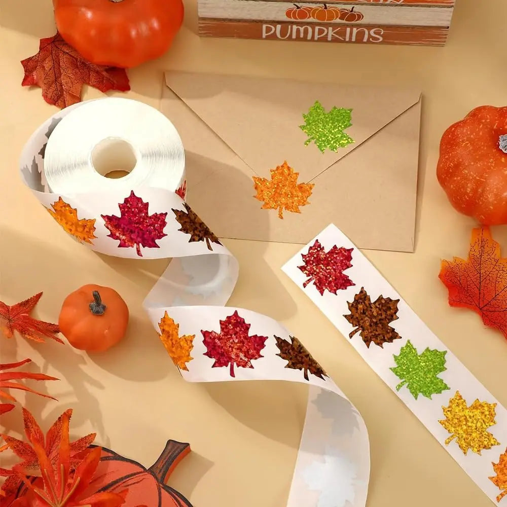500Pcs Fall Thanksgiving Leaf Stickers | Holographic Maple Leaf Decals Roll