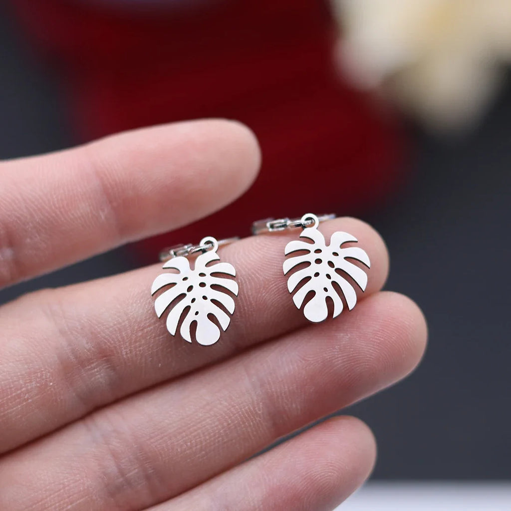 Stainless Steel Monstera Leaf Drop Earrings | Boho Jewelry for Women