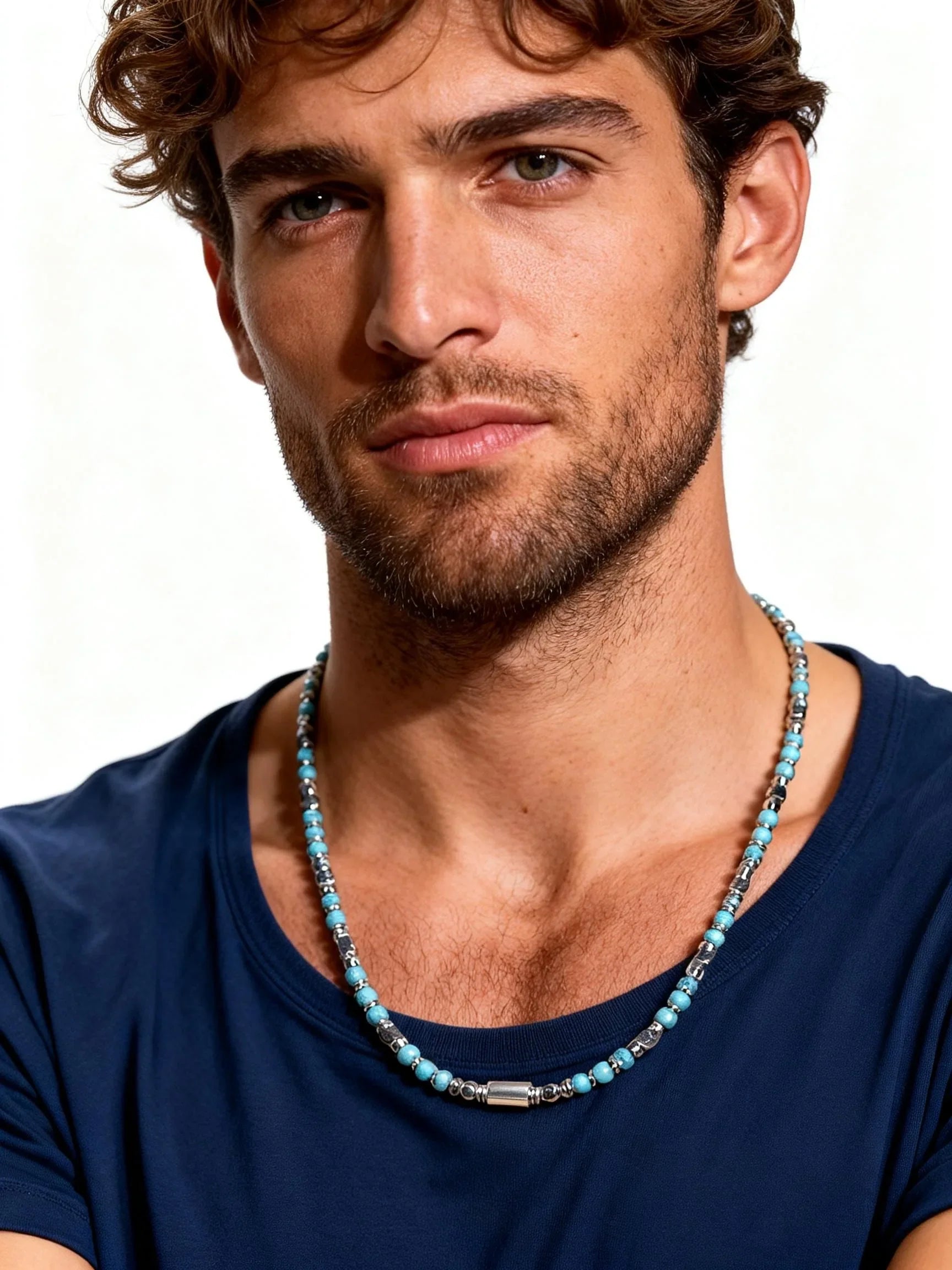 Trendy Men's Natural Stone Beaded Necklace | Classic Stainless Steel Metal Bead Choker