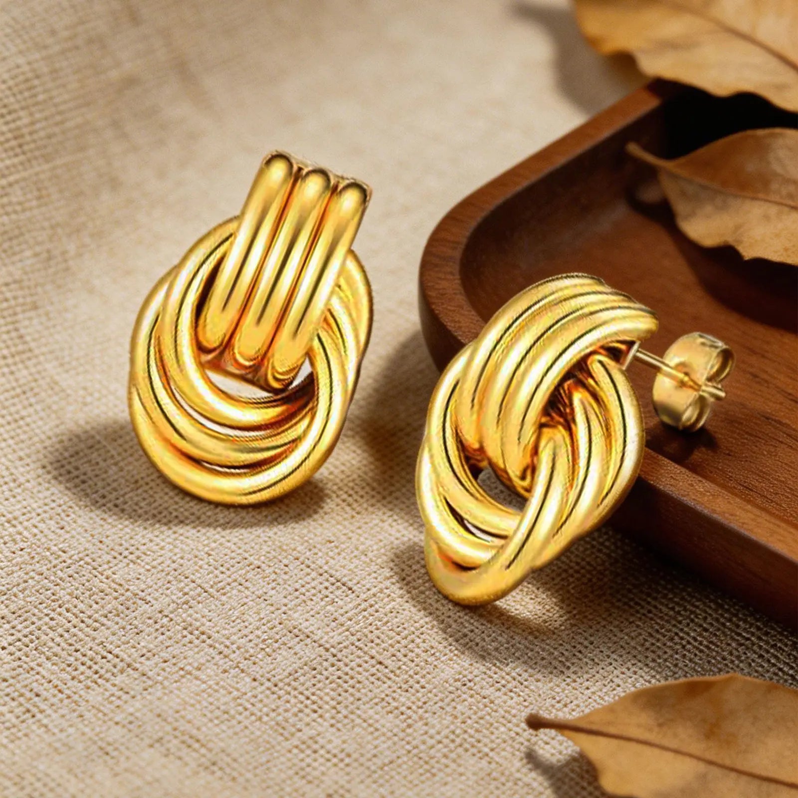 18K Gold Twist Knot Stud Earrings | Geometric Textured Screw-Back Earrings for Women