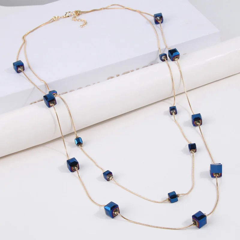 Gold Square Bead Sweater Chain Necklace | Double Layer Glass Pendant Jewelry for Women