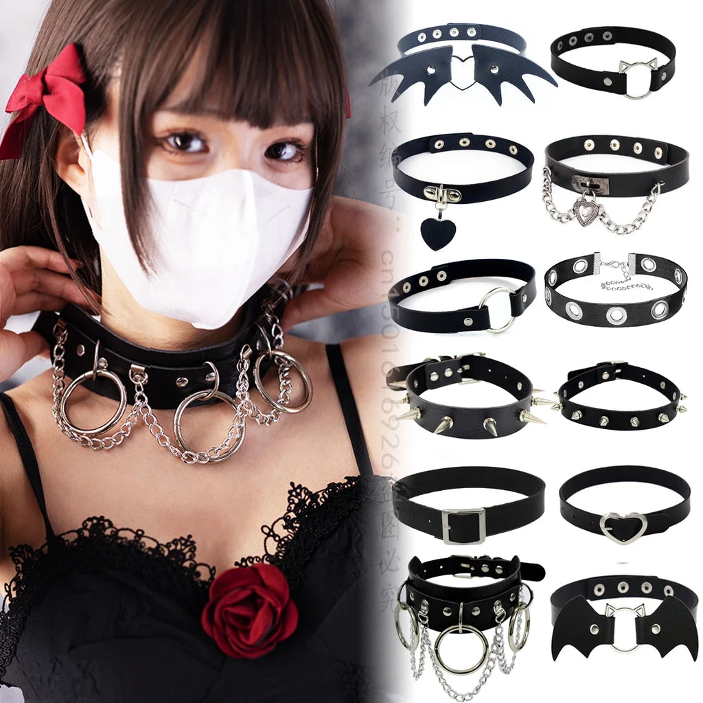 Gothic Bat Heart Lock Punk Choker | Black Leather Collar Necklace
