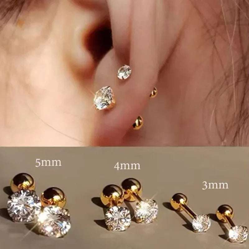Crystal Round Stud Earrings for Men | Surgical Steel Screw Back Earrings