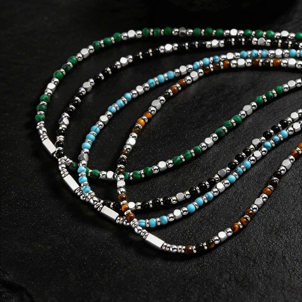Vnox Stainless Steel Natural Stone Beaded Necklace | Trendy Adjustable Choker for Men Women