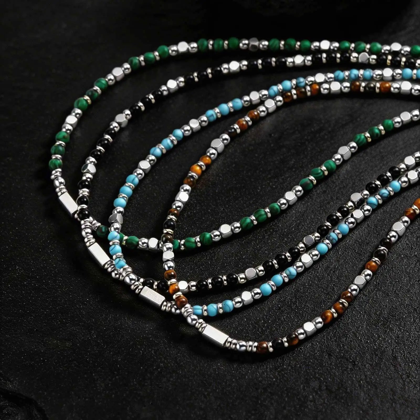 Vnox Stainless Steel Natural Stone Beaded Necklace | Trendy Adjustable Choker for Men Women