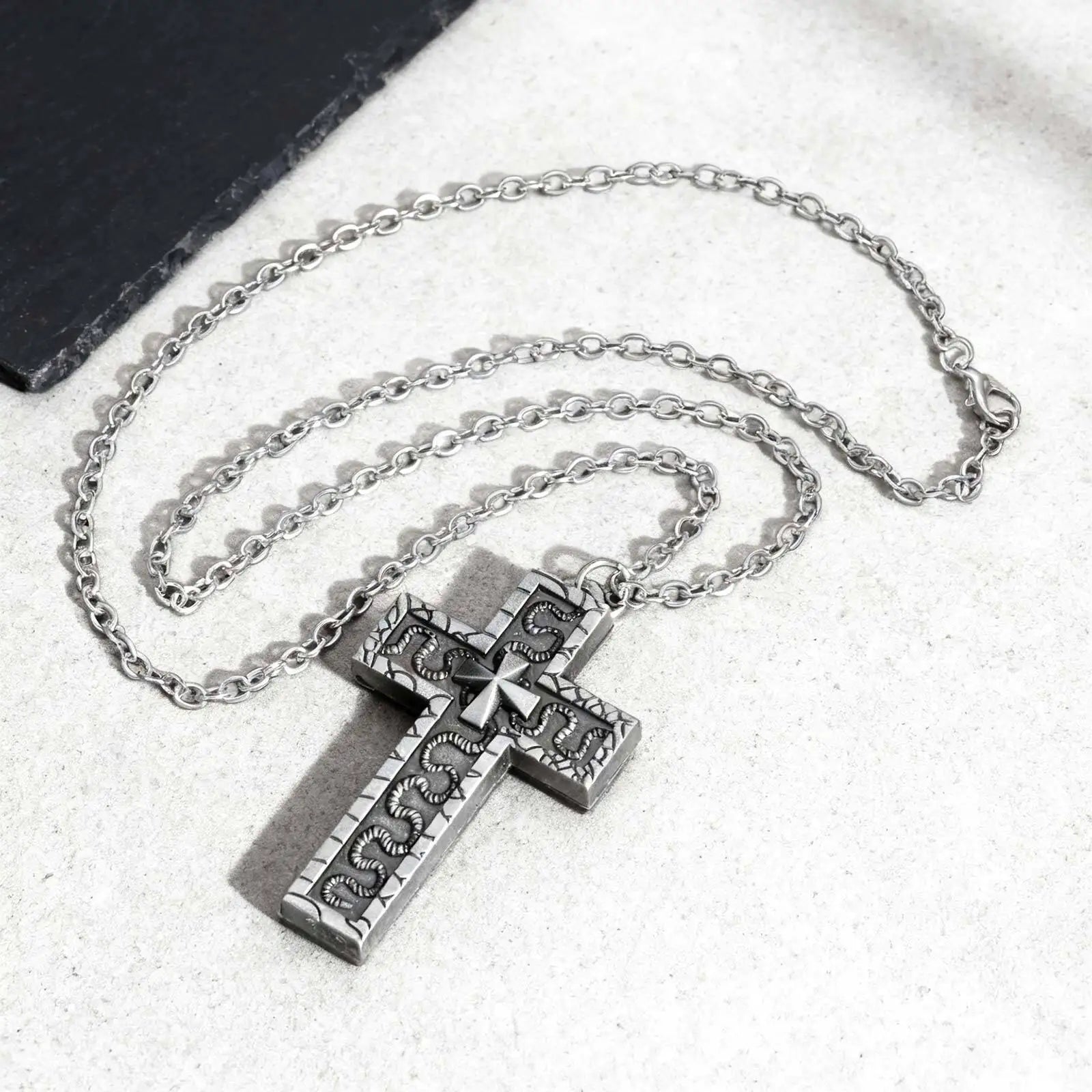 Punk Cross Pendant Necklace for Men | 3D Vintage Openable Metal Pendant