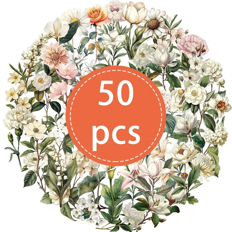 50PCS Transparent Vintage Floral Stickers | Nature Plant Flower Scrapbook Decals