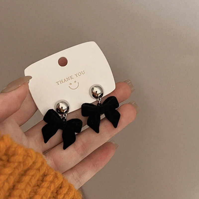 Vintage Black Flocking Bowknot Earrings | Geometric Drop Earrings for Women
