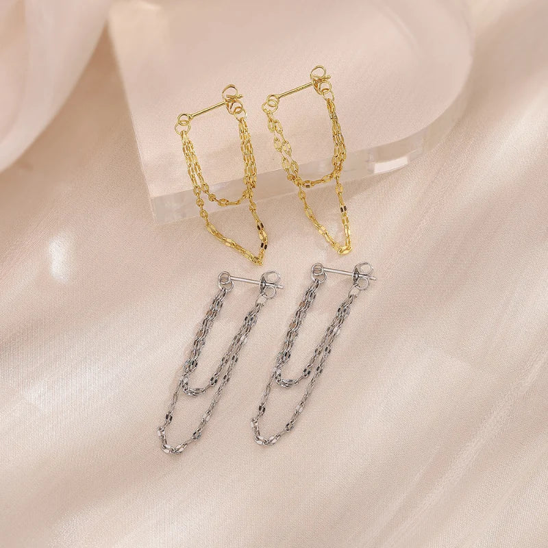 Silver Tassel Drop Earrings | Double Chain Rear-Hanging Earrings for Women