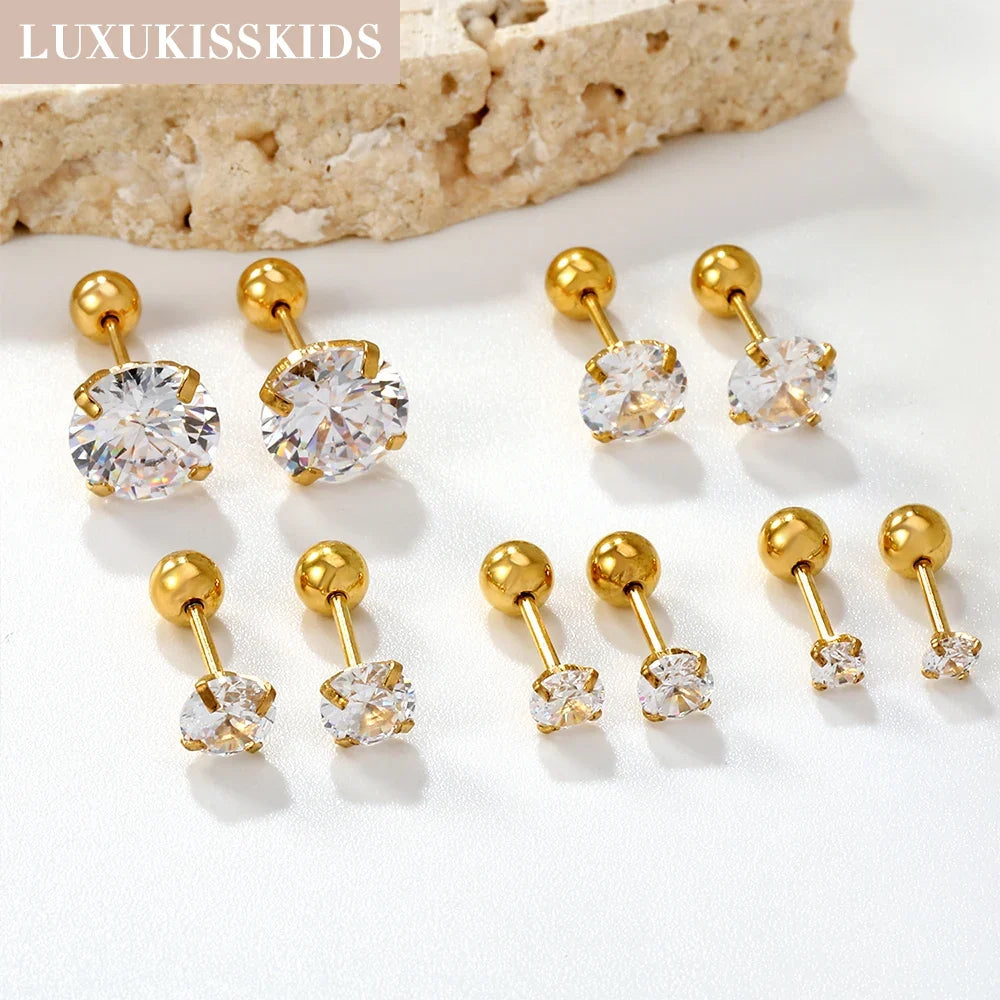 Crystal Round Stud Earrings for Men | Surgical Steel Screw Back Earrings