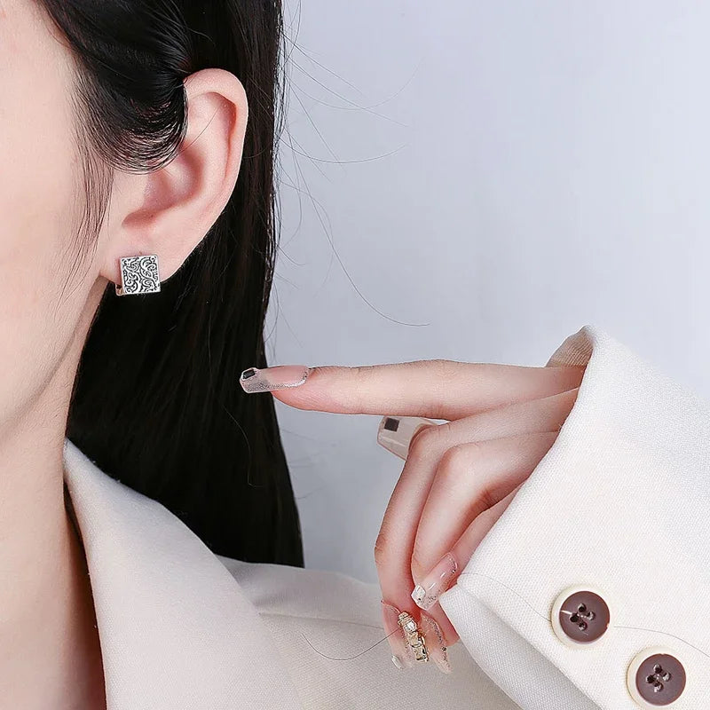Vintage Ethnic Square Hoop Huggie Earrings | Unisex Geometric Silver-Tone Earrings