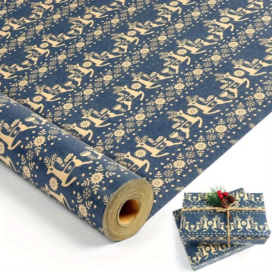 Navy Blue Kraft Christmas Wrapping Paper Roll | Snowflake, Floral and Reindeer Design
