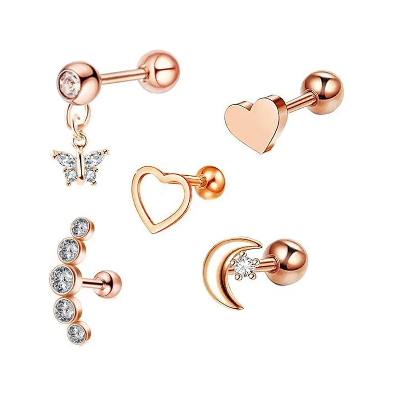 5PCS Heart Tragus Piercing Stud Earring Set | Small Lobe Stud Earrings Cartilage Piercing Helix Jewelry Barbell Stud Piercing Lot